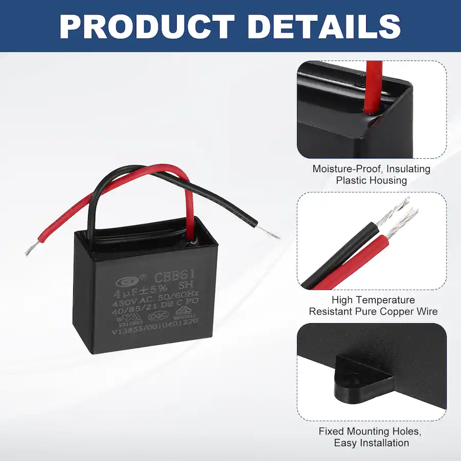 Unique Bargains 2pcs 4uF CBB61 Ceiling Fan Capacitor, AC 450V 2 Wires ...