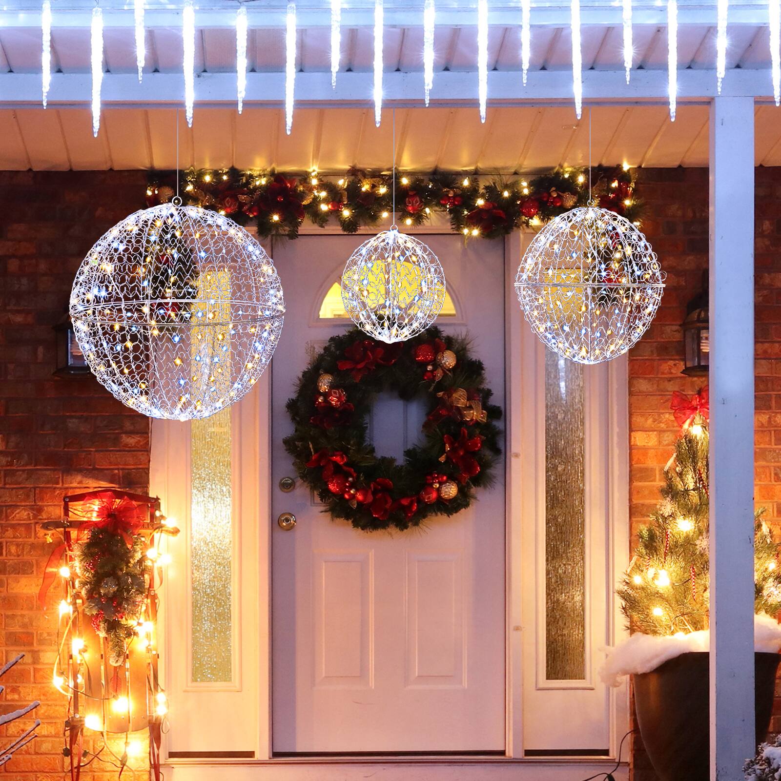 Alt View 4. Gymax - Gymax 3 Pcs Lighted Christmas Balls w/435 LEDs 3 Light Color 8 Dynamic Modes for Porch - White.