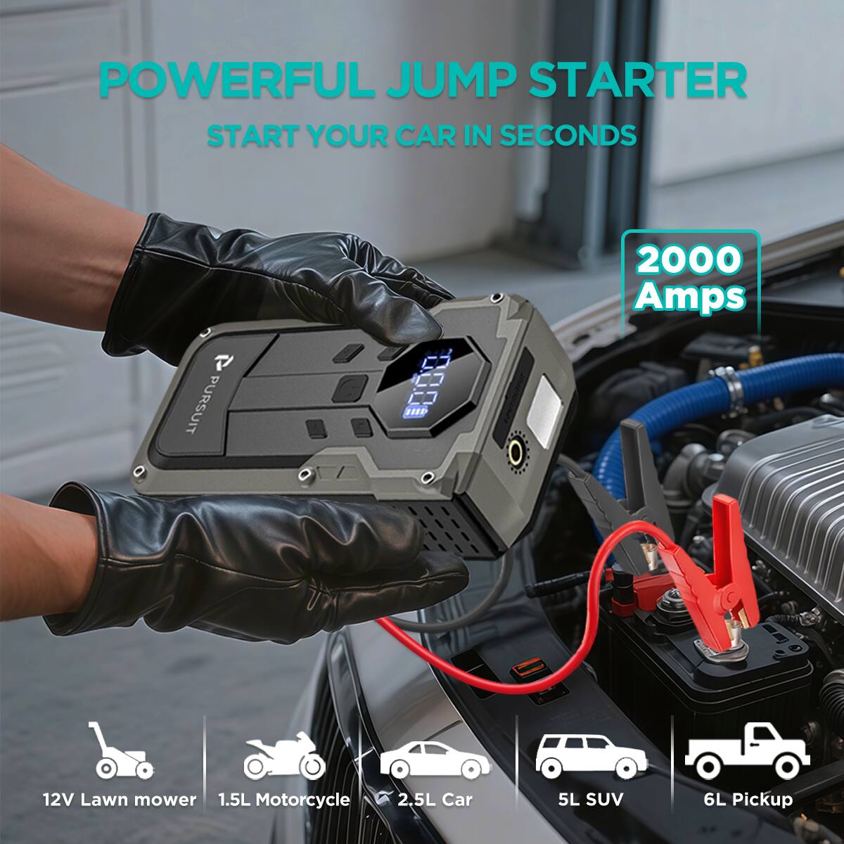 POWERFUL JUMP STARTER  
START YOUR CAR IN SECONDS  

2000 Amps  

12V Lawn mower  
1.5L Motorcycle  
2.5L Car  
5L SUV  
6L Pickup