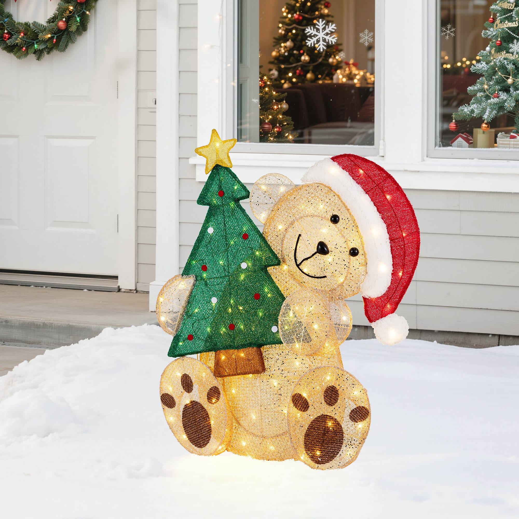 Alt View 5. Glitzhome - 34.25"H 3D Glittered Fabric Greeting Bear with Tree with 110 LED Lights - Multi-Colored.