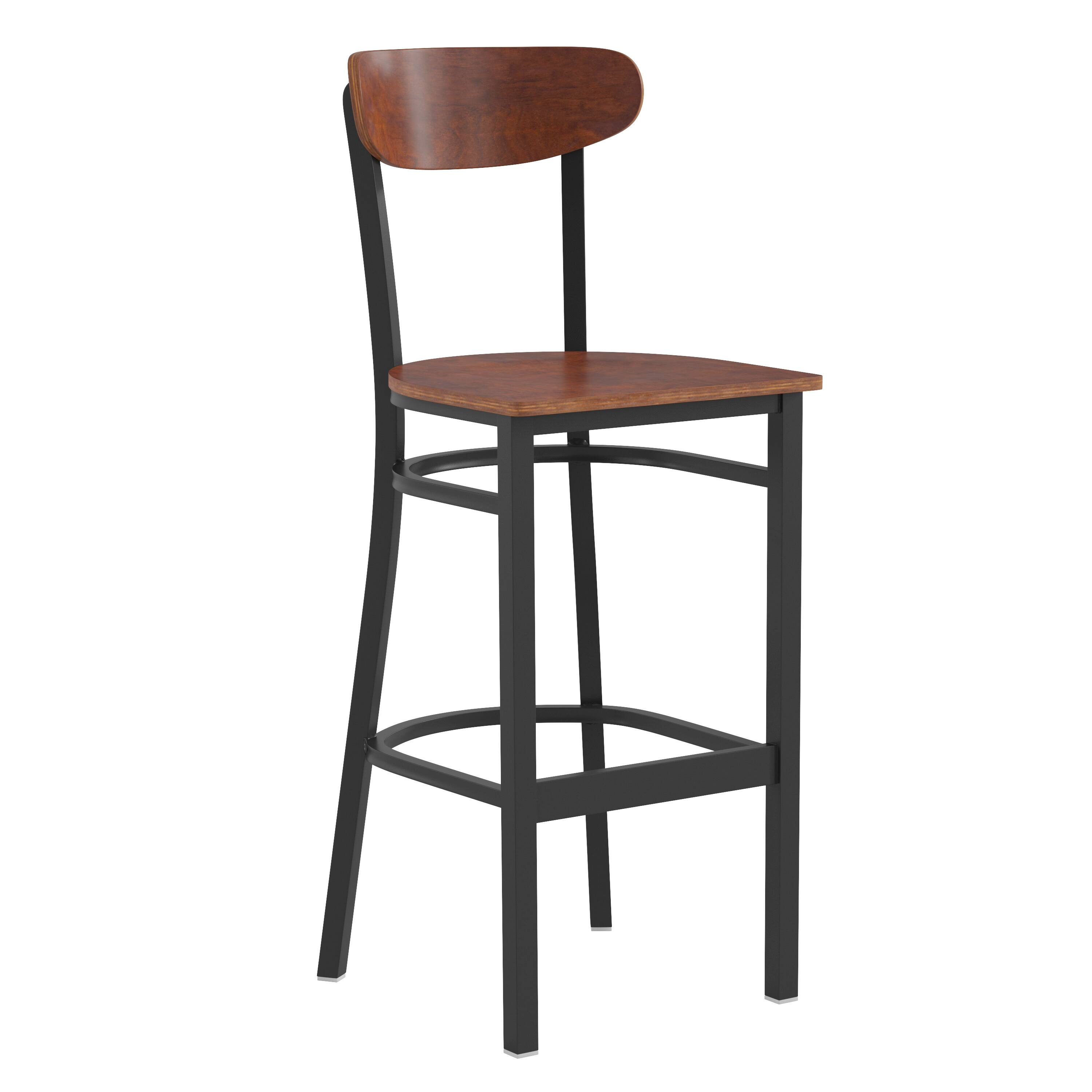 Front. Flash Furniture - Wright Commercial Grade Barstool with 500 LB. Capacity Black Steel Frame, Solid Wood Seat, and Boomerang Back, Walnut Fi - Brown.