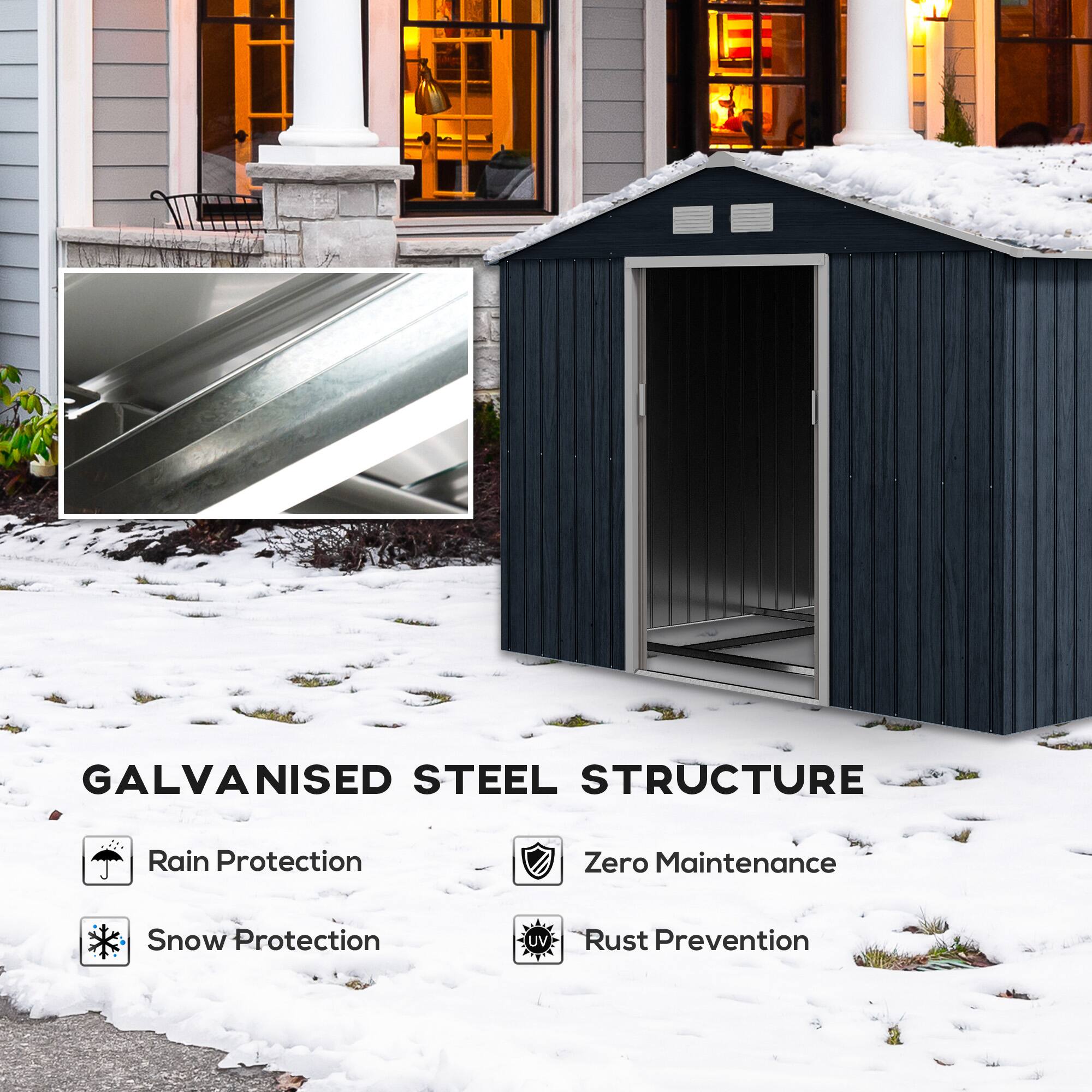 Galvanised Steel Structure: Rain Protection, Zero Maintenance, Snow Protection, UV Rust Prevention.
