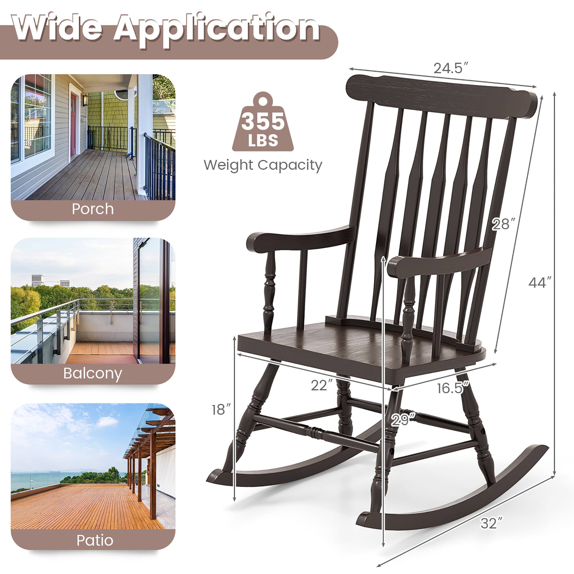 Wide Application  
355 LBS Weight Capacity  

Porch  
Balcony  
Patio  

Dimensions:  
- Width: 24.5"  
- Depth: 28"  
- Height: 44"  
- Seat Width: 22"  
- Seat Depth: 16.5"  
- Armrest Height: 29"  
- Base Width: 32"  
- Base Depth: 18"