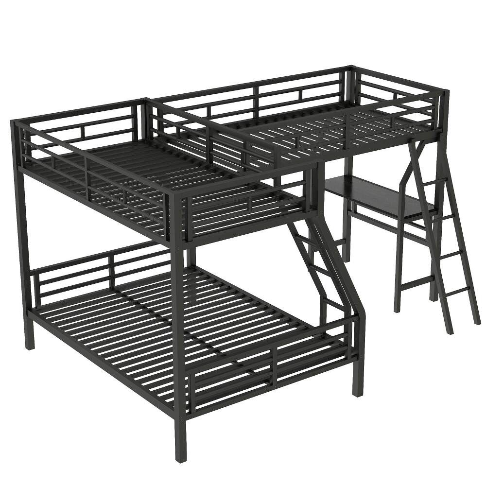 Alt View 9. Loheer - Loheer Twin Over Full Bunk Bed with Desk Black Metal L-Shaped Triple Loft Bed - Black.