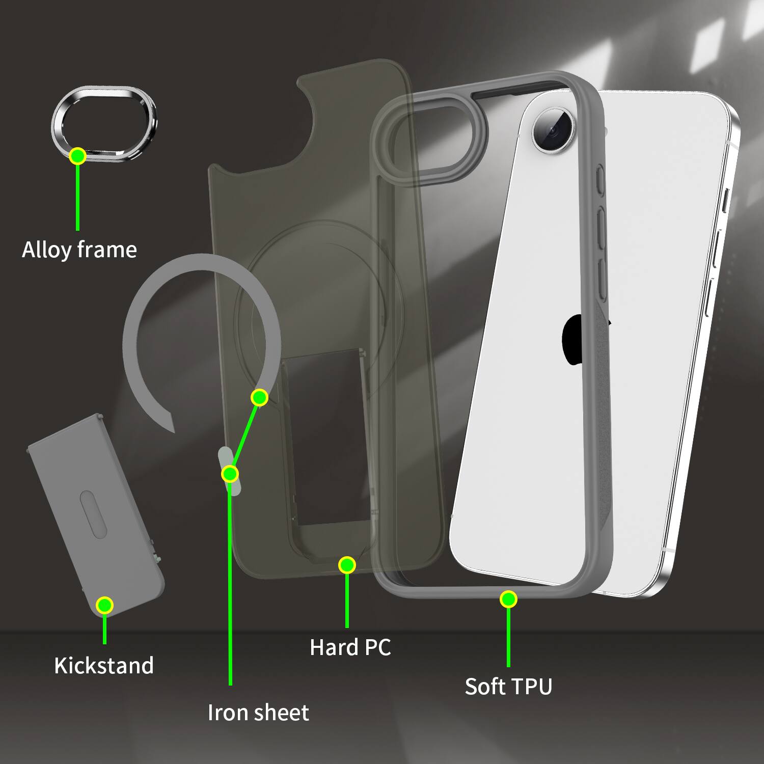 Alloy frame  
Kickstand  
Hard PC  
Iron sheet  
Soft TPU