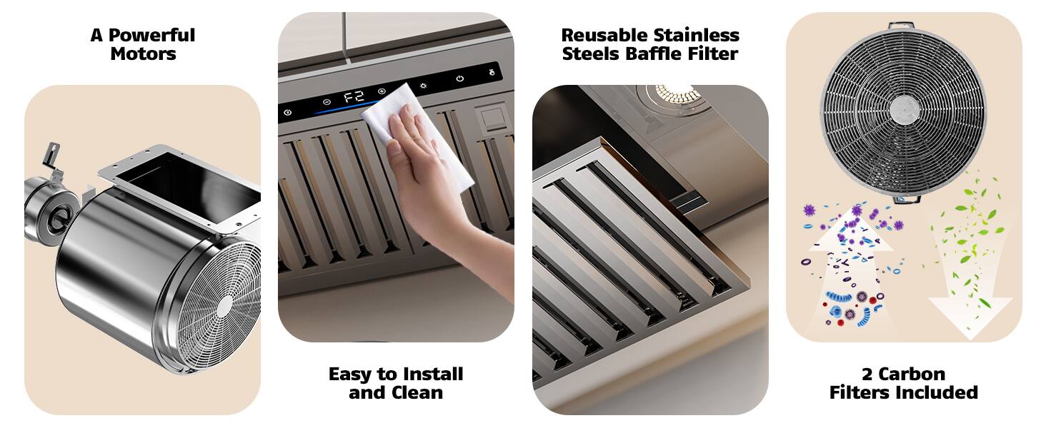 A Powerful Motors

Reusable Stainless Steels Baffle Filter

Easy to Install and Clean

2 Carbon Filters Included
