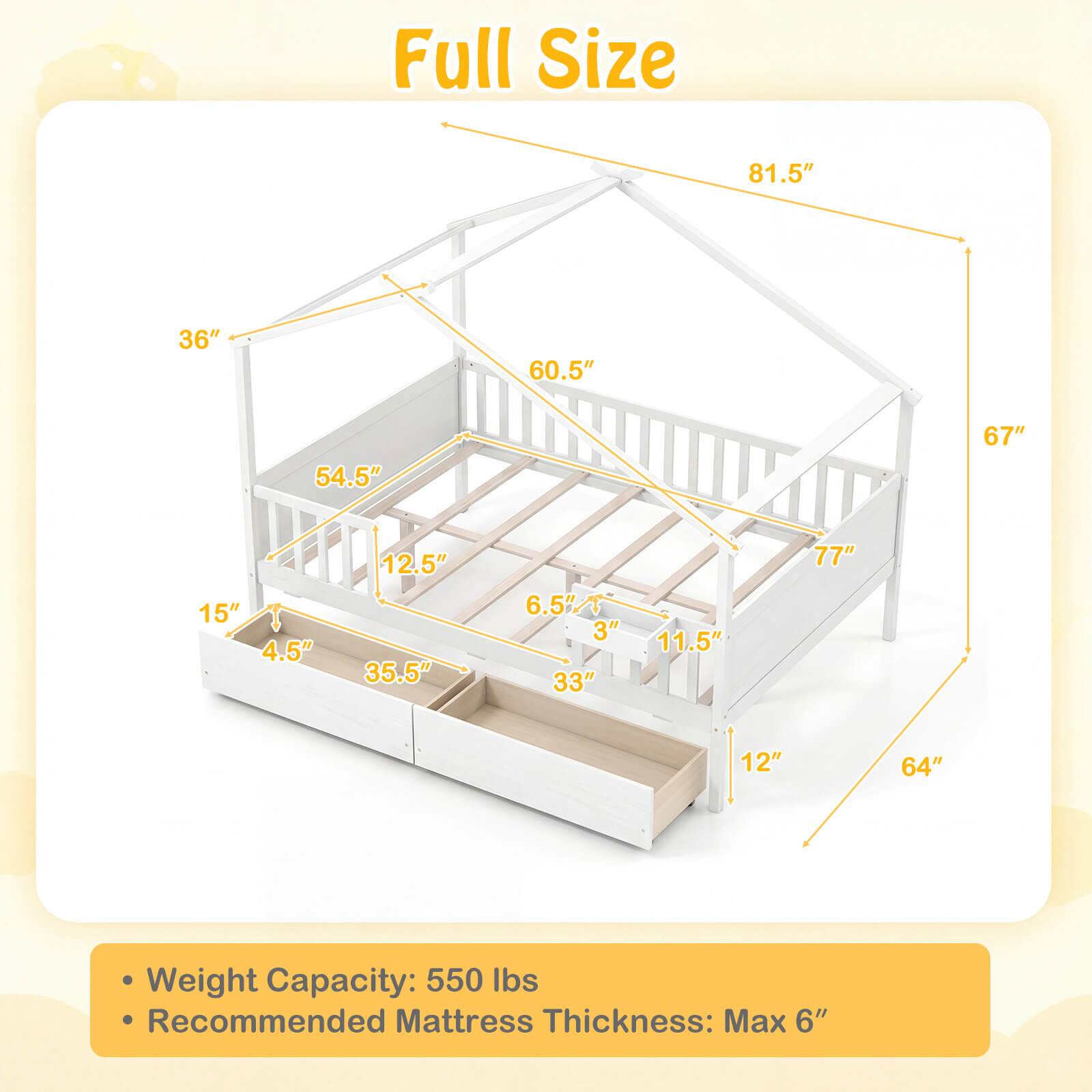 Full Size  
81.5"  
36"  
60.5"  
54.5"  
67"  
15"  
4.5"  
12.5"  
35.5"  
6.5" / 3"  
33"  
11.5"  
77"  
12"  
64"  

Weight Capacity: 550 lbs  
Recommended Mattress Thickness: Max 6"