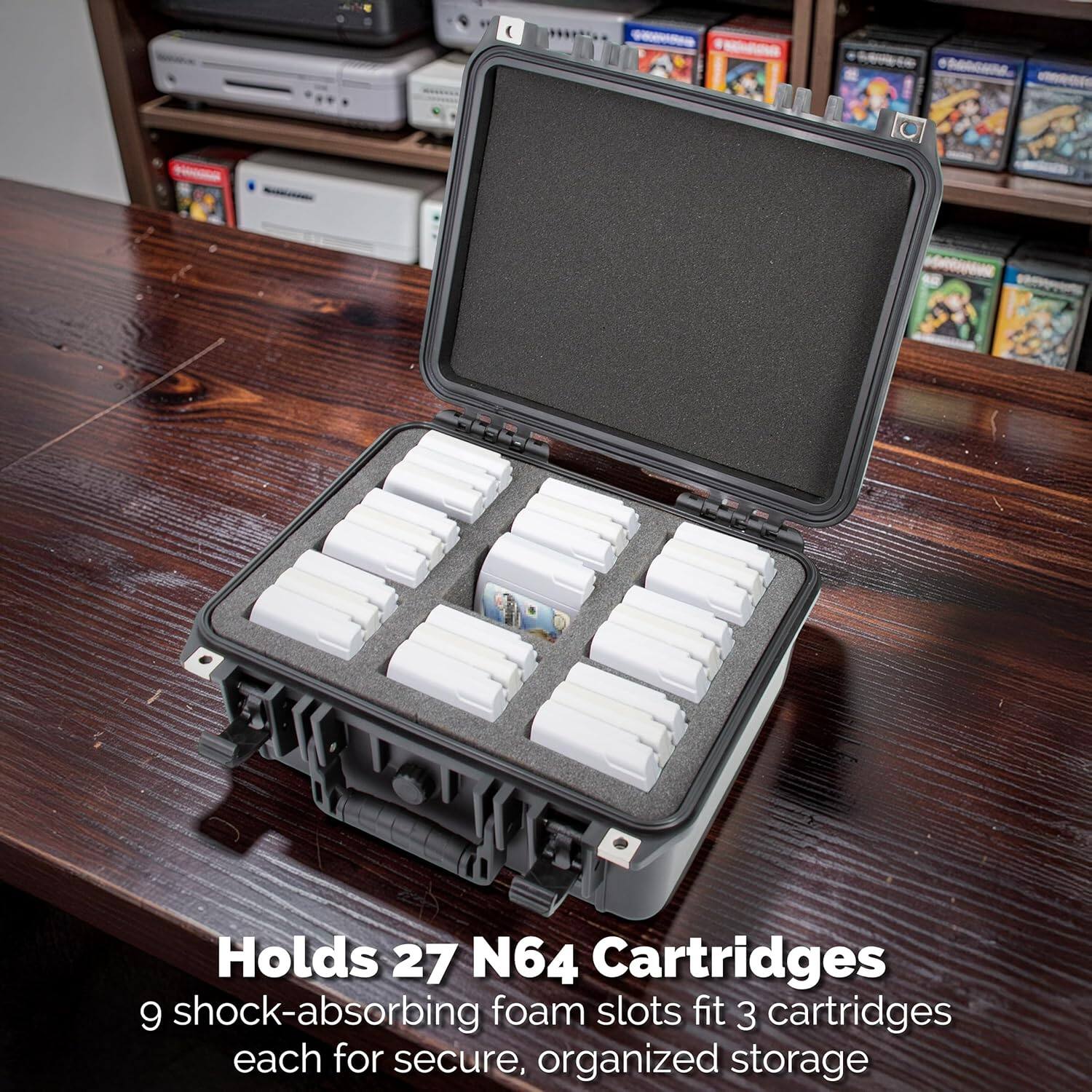 Holds 27 N64 Cartridges  
9 shock-absorbing foam slots fit 3 cartridges each for secure, organized storage