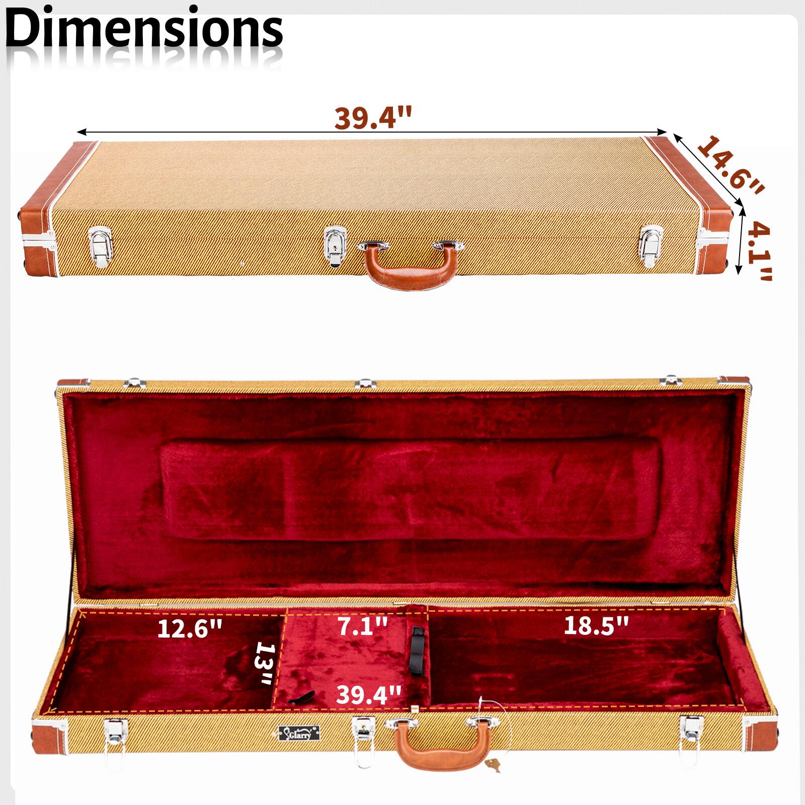 Dimensions

- Length: 39.4"
- Width: 14.6"
- Height: 4.1"

Interior Dimensions

- Length: 39.4"
- Width: 18.5"
- Depth: 12.6"
- Depth (smaller section): 7.1"
- Depth (smaller section): 13"