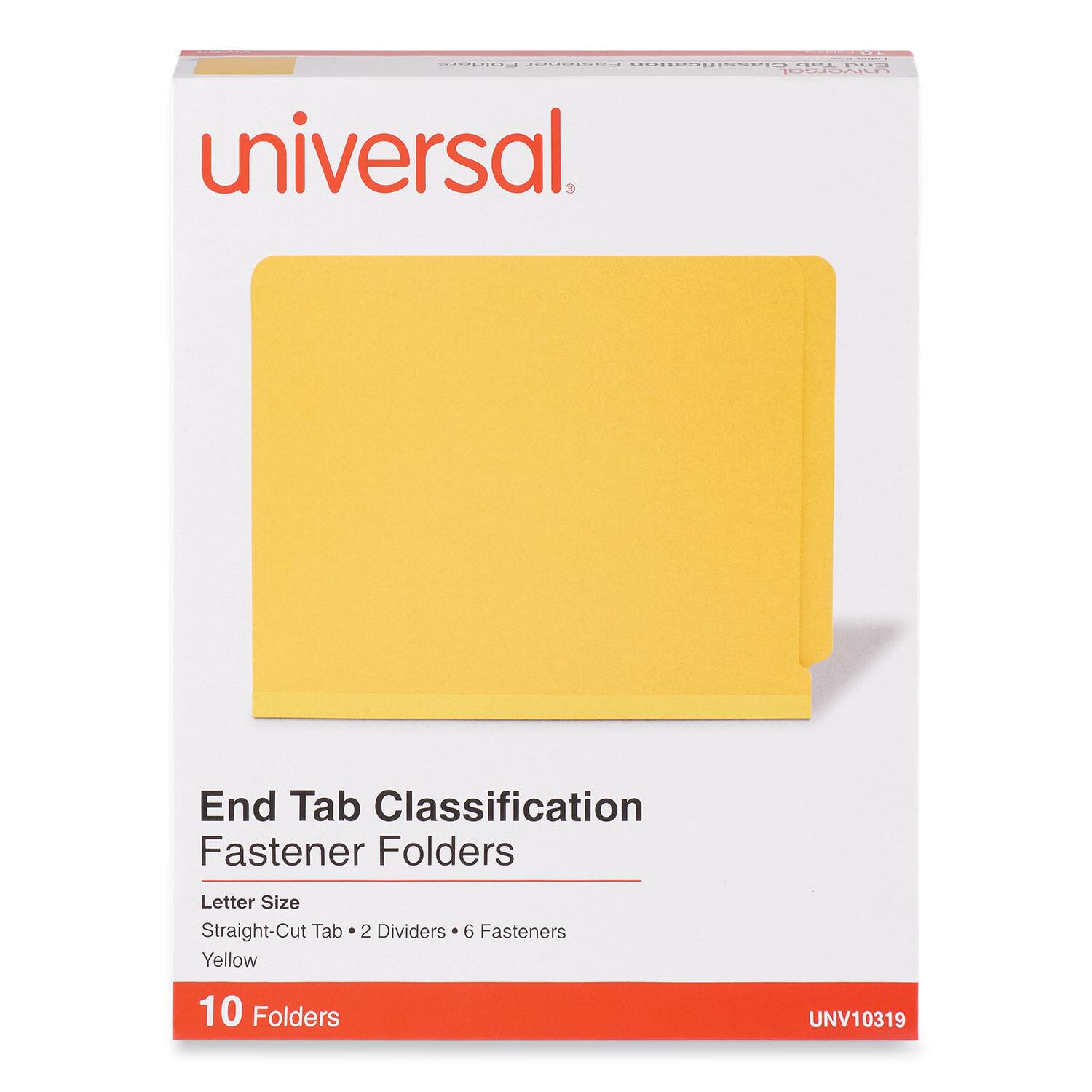 End Tab Classification Fastener Folders  
Letter Size  
Straight-Cut Tab • 2 Dividers • 6 Fasteners  
Yellow  
10 Folders  
UNV10319