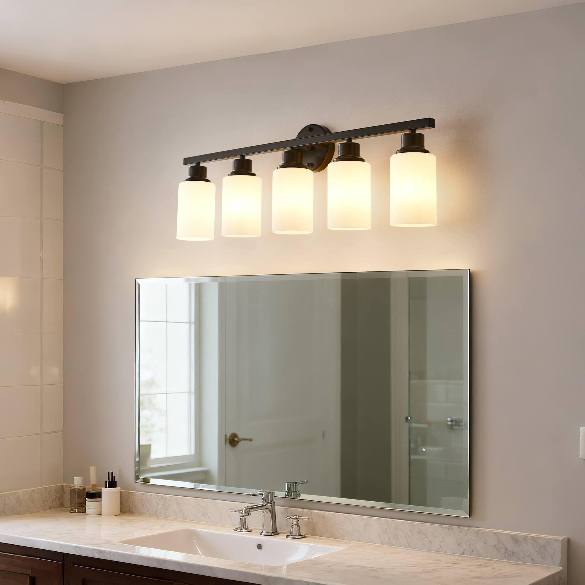 Alt View 2. Boyel Living - 5 Light Matte Black Wall Lamps with White Glass Shades No Bulbs Sconce Lighting for Bedroom Living Room.