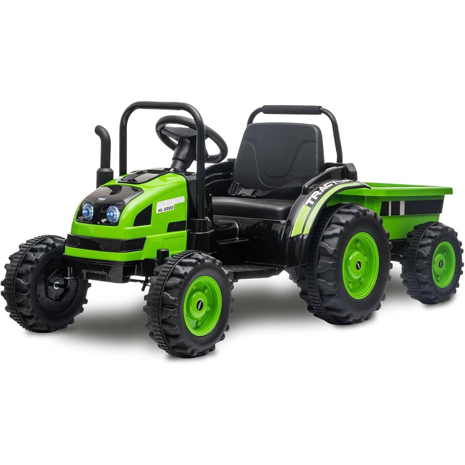Front. GARVEE - 12V Electric Ride-On Tractor for Kids with Trailer, Remote Control, Music, USB, LED Lights & Dump Function - Green.