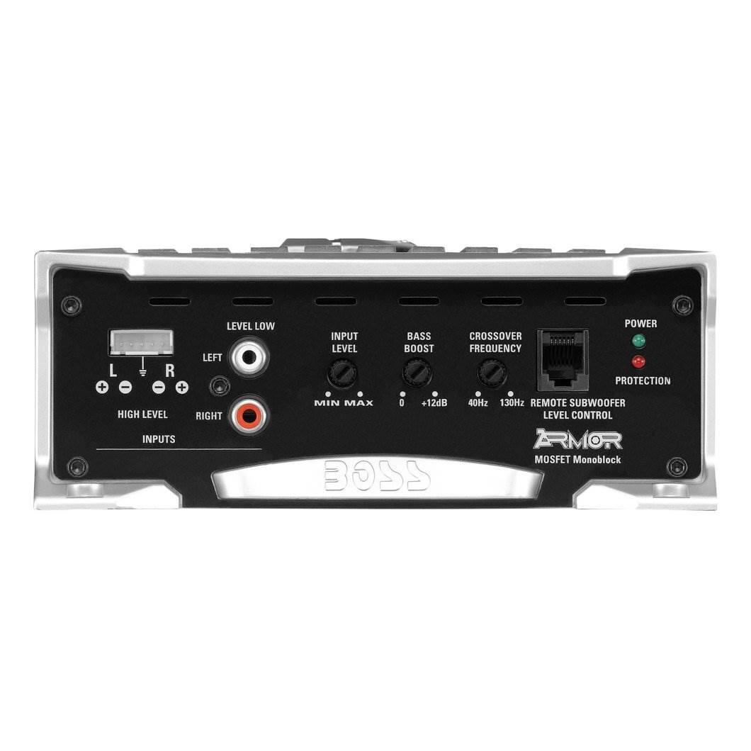 - L R
- HIGH LEVEL INPUTS
- LEFT RIGHT
- LEVEL LOW
- INPUT LEVEL
- BASS BOOST
- CROSSOVER FREQUENCY
- POWER
- PROTECTION
- MIN MAX
- +12dB
- 40Hz
- 130Hz
- REMOTE SUBWOOFER LEVEL CONTROL
- ARMOR MOSFET Monoblock
- BOSS
