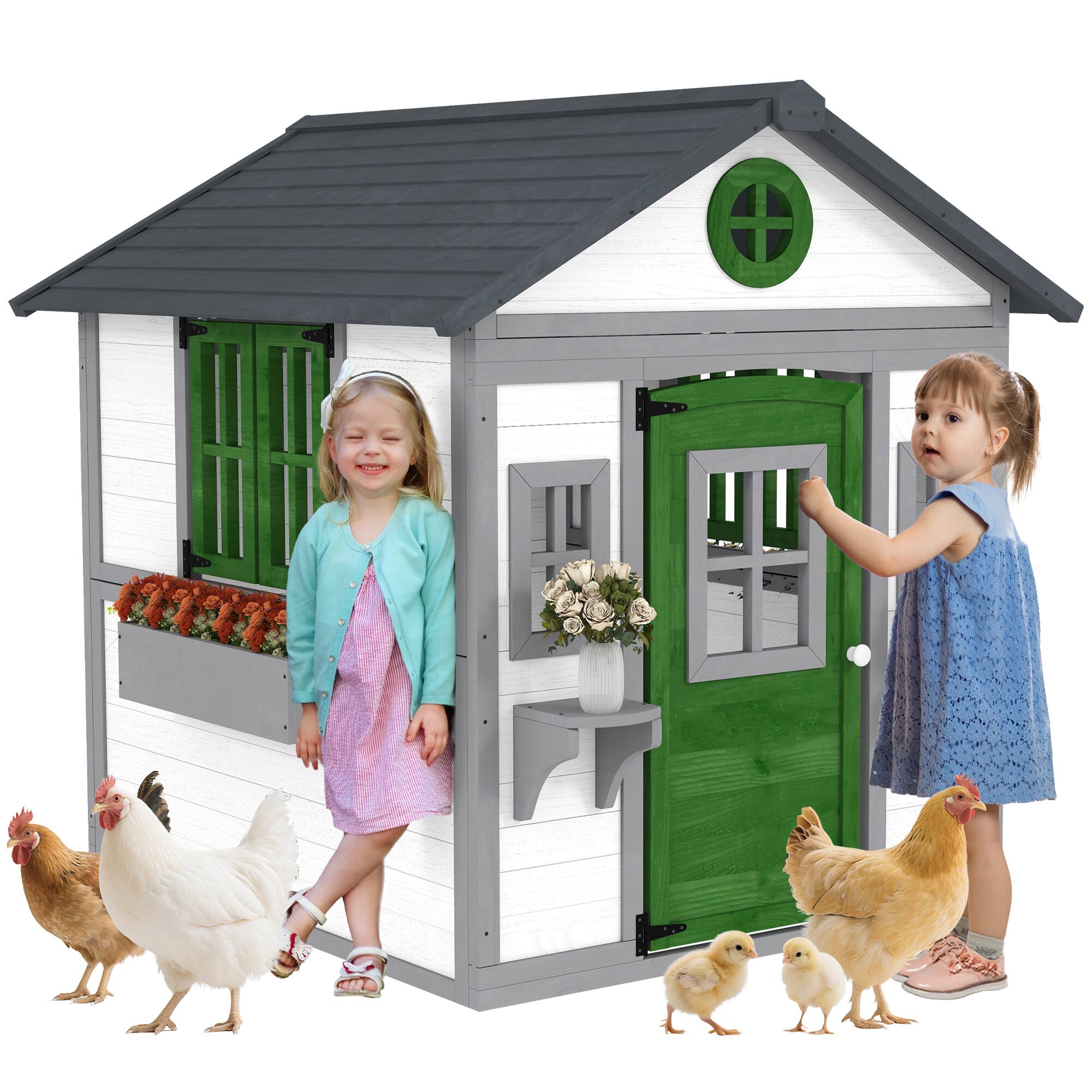 Outsunny - Outdoor Kids Playhouse, Wooden with Doors, Windows, Planter Pots and Boxes, Toddlers 3-8 Years, Backyard
