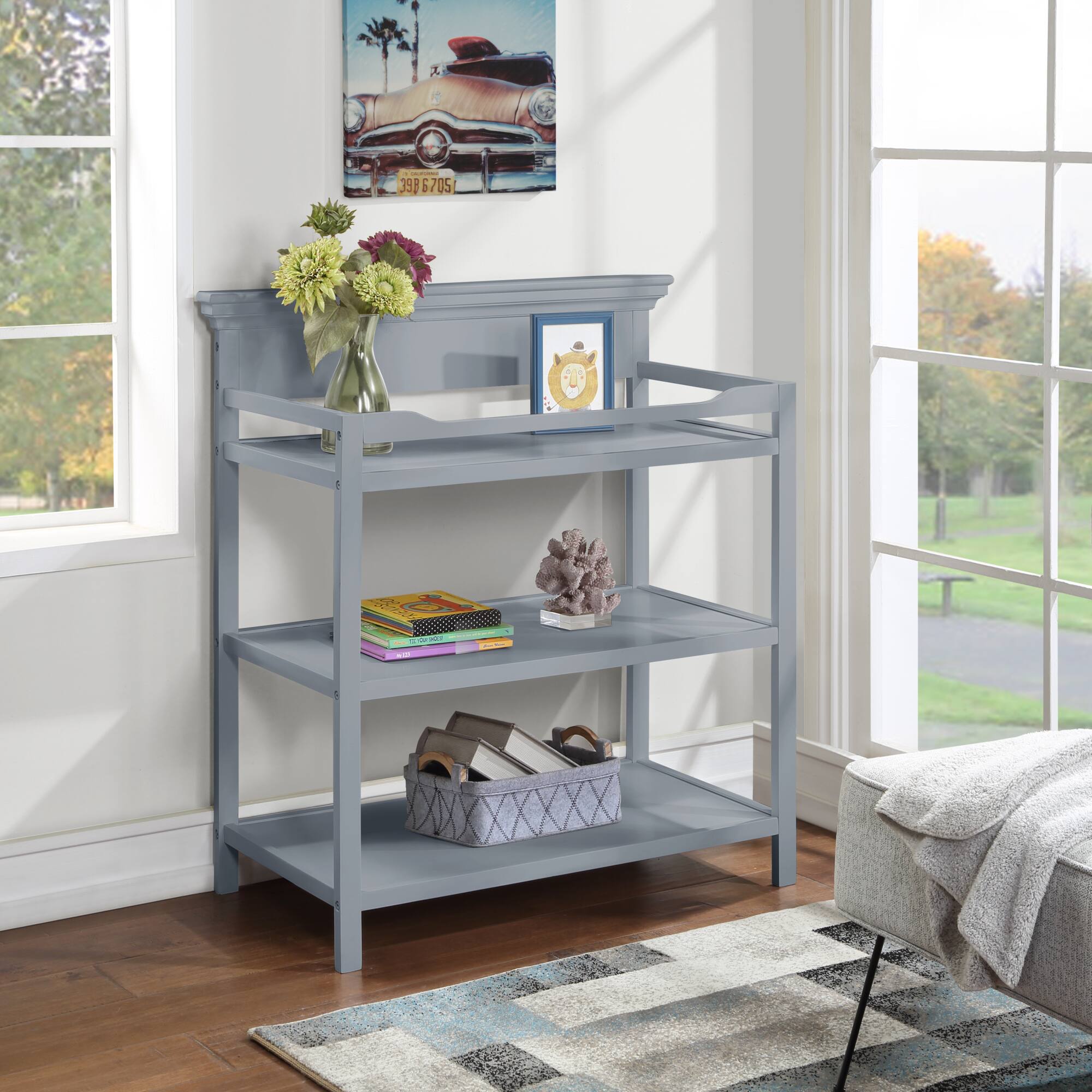 Back. GOODSILO - Versatile Baby Changing Table with Safety Rails and Dual Storage Shelves in Classic Gray Finish for Modern Nurseries - Gray.