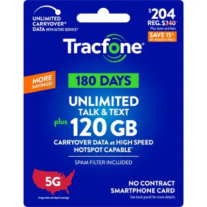 UNLIMITED TALK & TEXT plus 120 GB CARRYOVER DATA at HIGH SPEED HOTSPOT CAPABLE SPAM FILTER INCLUDED 5G Image does not depict coverage NO CONTRACT SMARTPHONE CARD See back panel for more details.