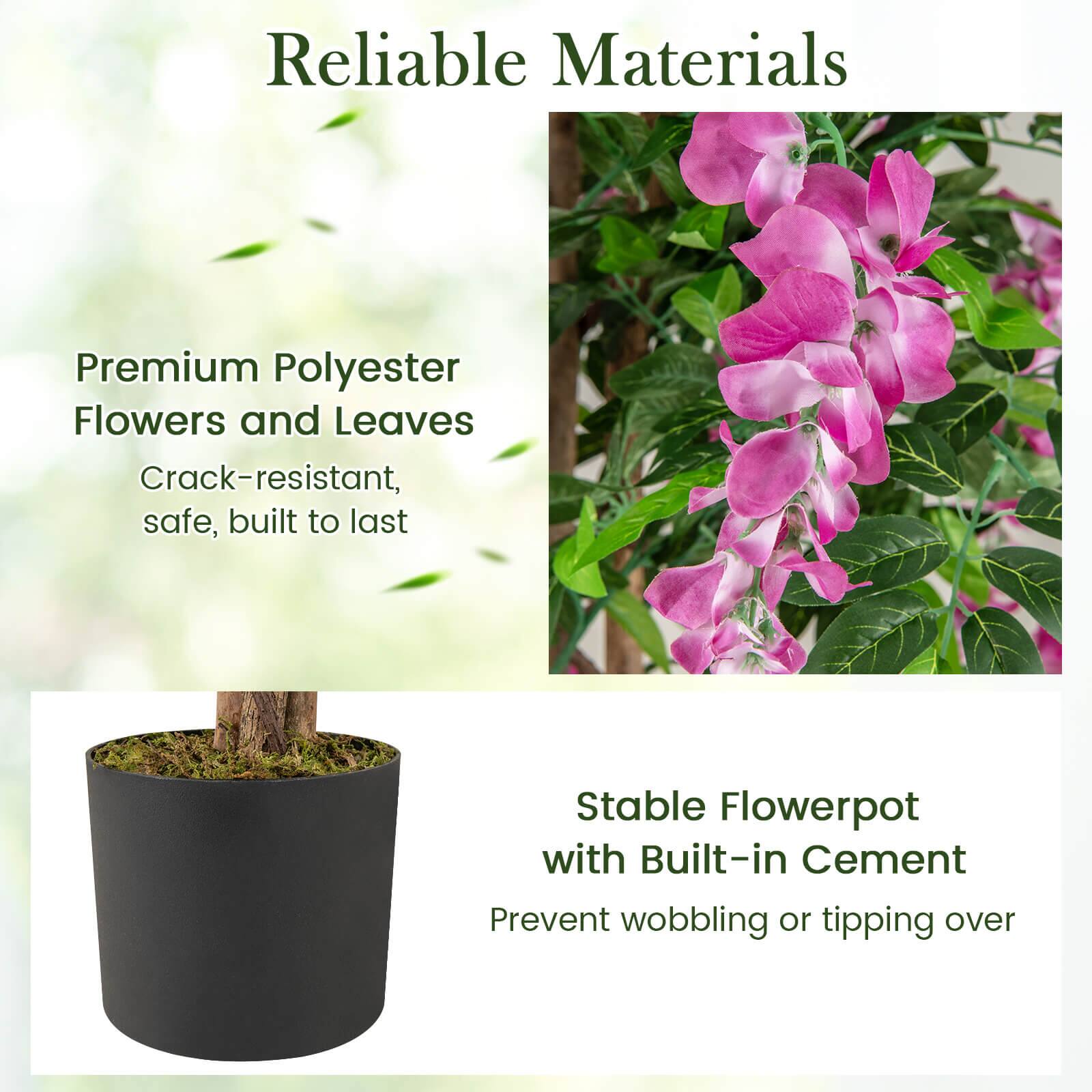 Reliable Materials

Premium Polyester Flowers and Leaves
Crack-resistant, safe, built to last

Stable Flowerpot with Built-in Cement
Prevent wobbling or tipping over