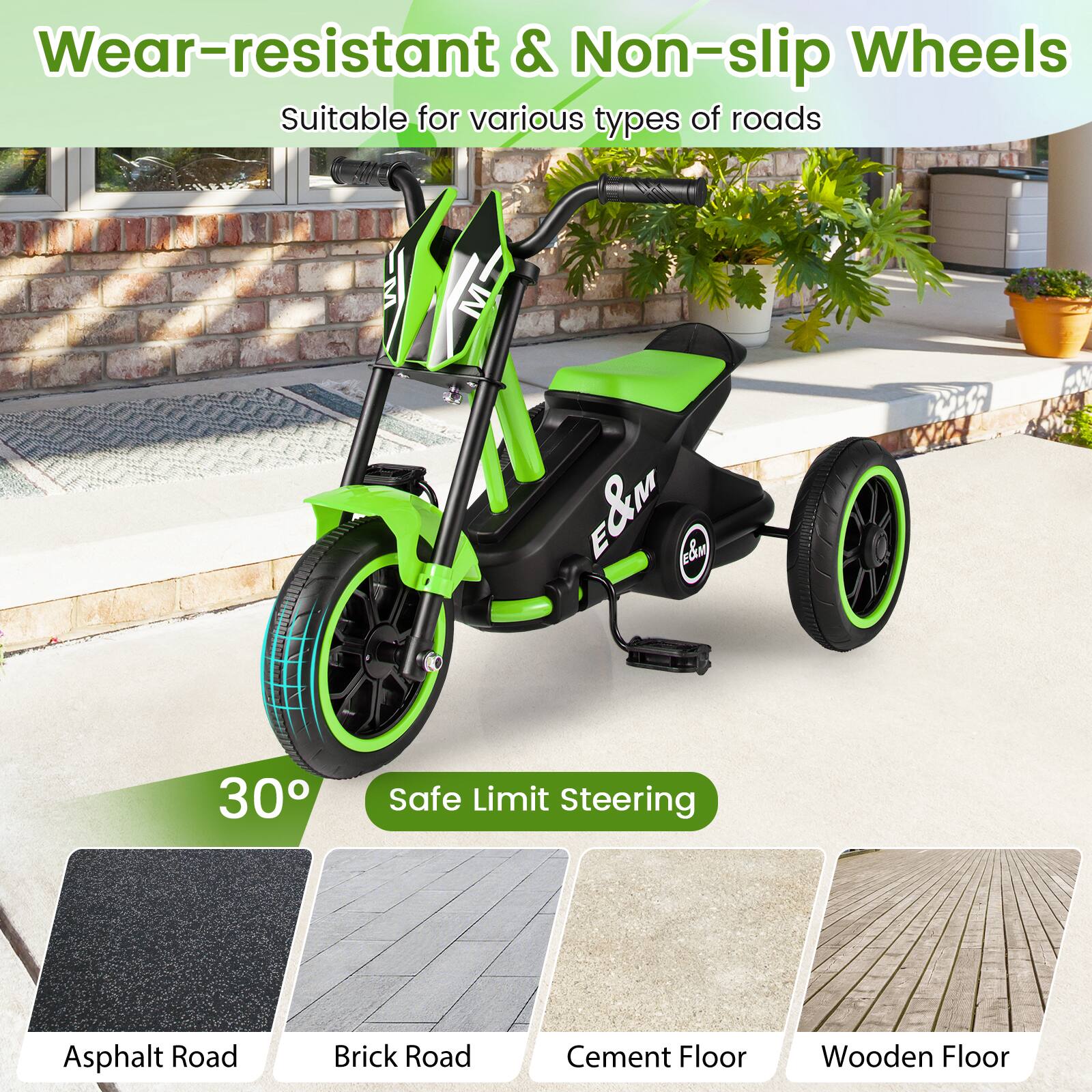 Wear-resistant & Non-slip Wheels  
Suitable for various types of roads  

30° Safe Limit Steering  

Asphalt Road  
Brick Road  
Cement Floor  
Wooden Floor