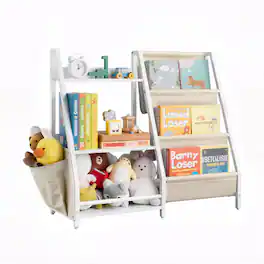 VEVOR - 3-Tier Children's Bookshelf with Toy Organizer, Sling Book Rack, and Storage Bag, Ideal for Kids' Rooms, Playrooms - White