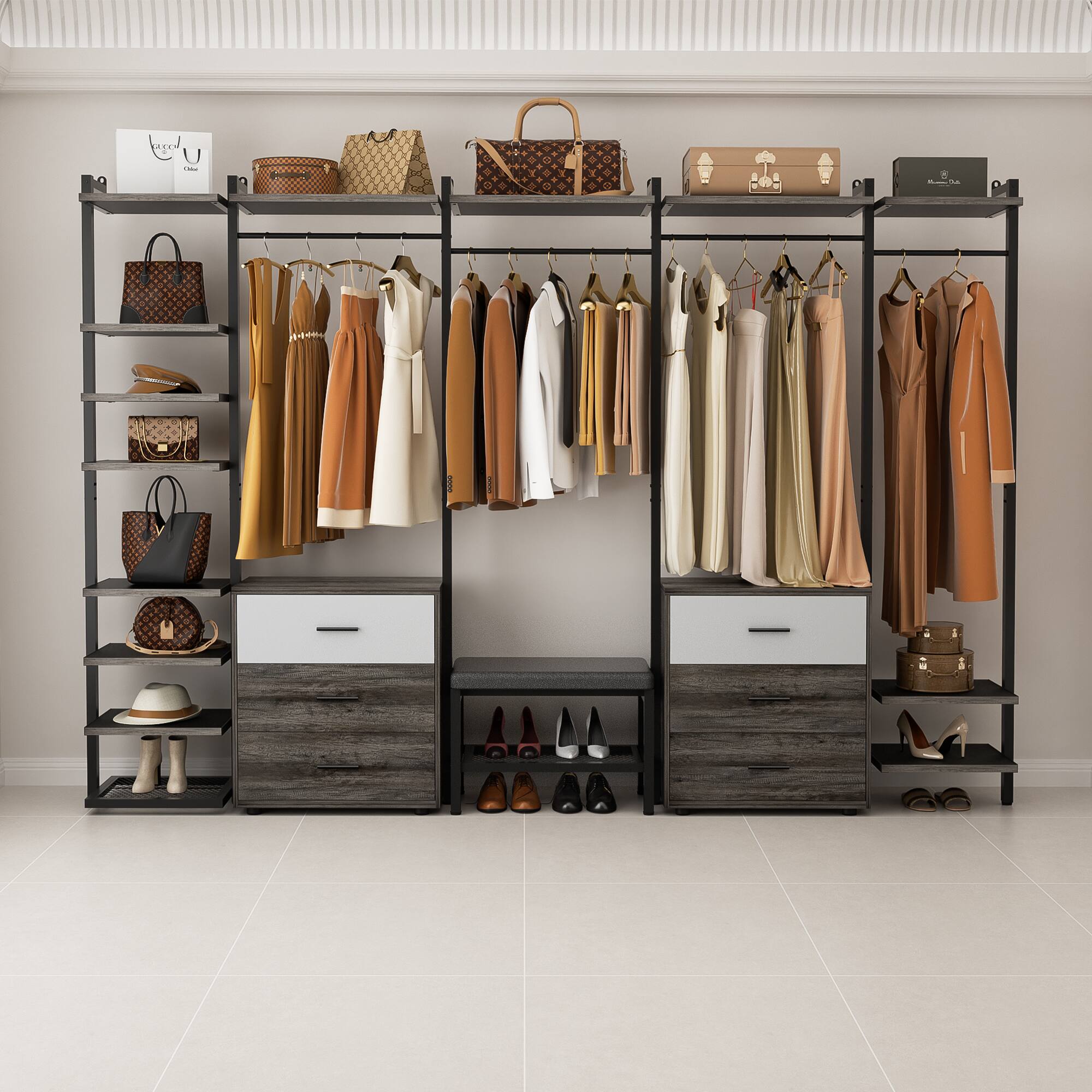 Back. Aheaplus - 8FT Wood Closet Organizer with 6 Drawers and Hanging Rack for Bedroom Storage - Black Oak.