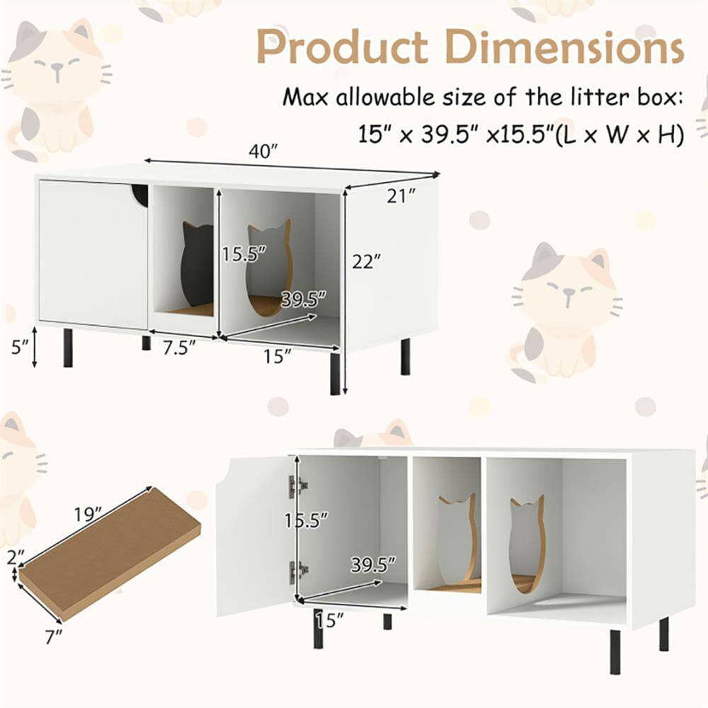Product Dimensions  
Max allowable size of the litter box: 15" x 39.5" x 15.5" (L x W x H)