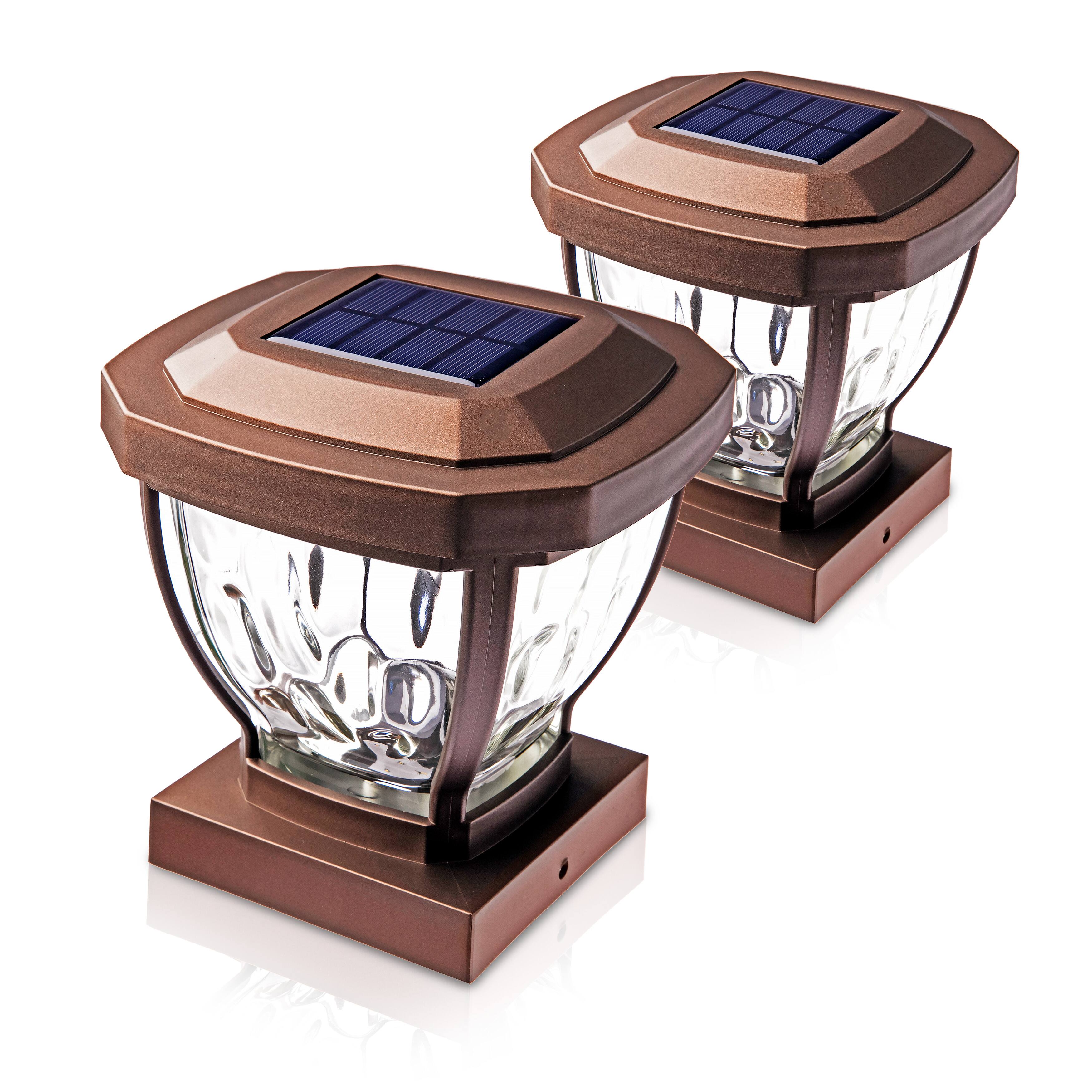 Front. Home Zone Security - Home Zone Security ELI1403V 2 Pack Solar Post Cap Lights, Decorative Glass LED 4x4 Post, Weather Resistant, Bronze.