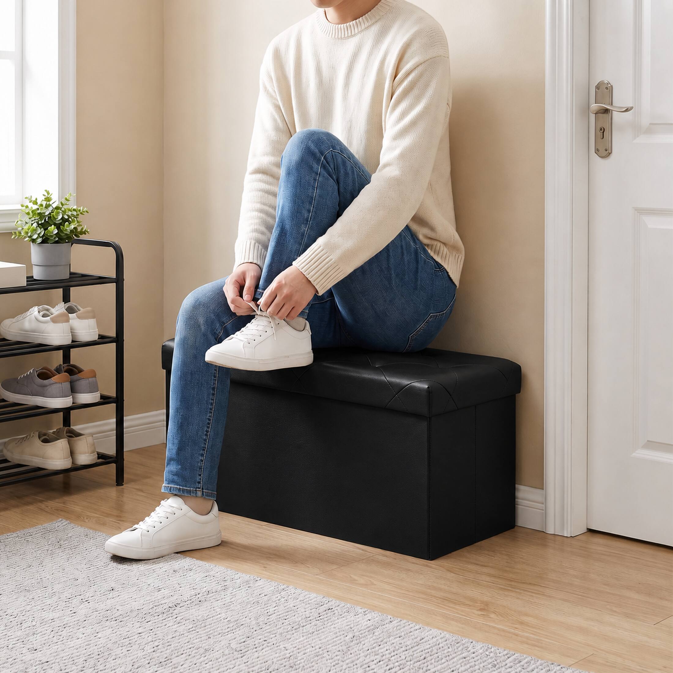 Alt View 1. Sweetcrispy - 30-in Foldable Storage Bench, Bedside Ottoman with Storage and Cushioned Seat, Faux Leather Foot Rest Stool - Black.