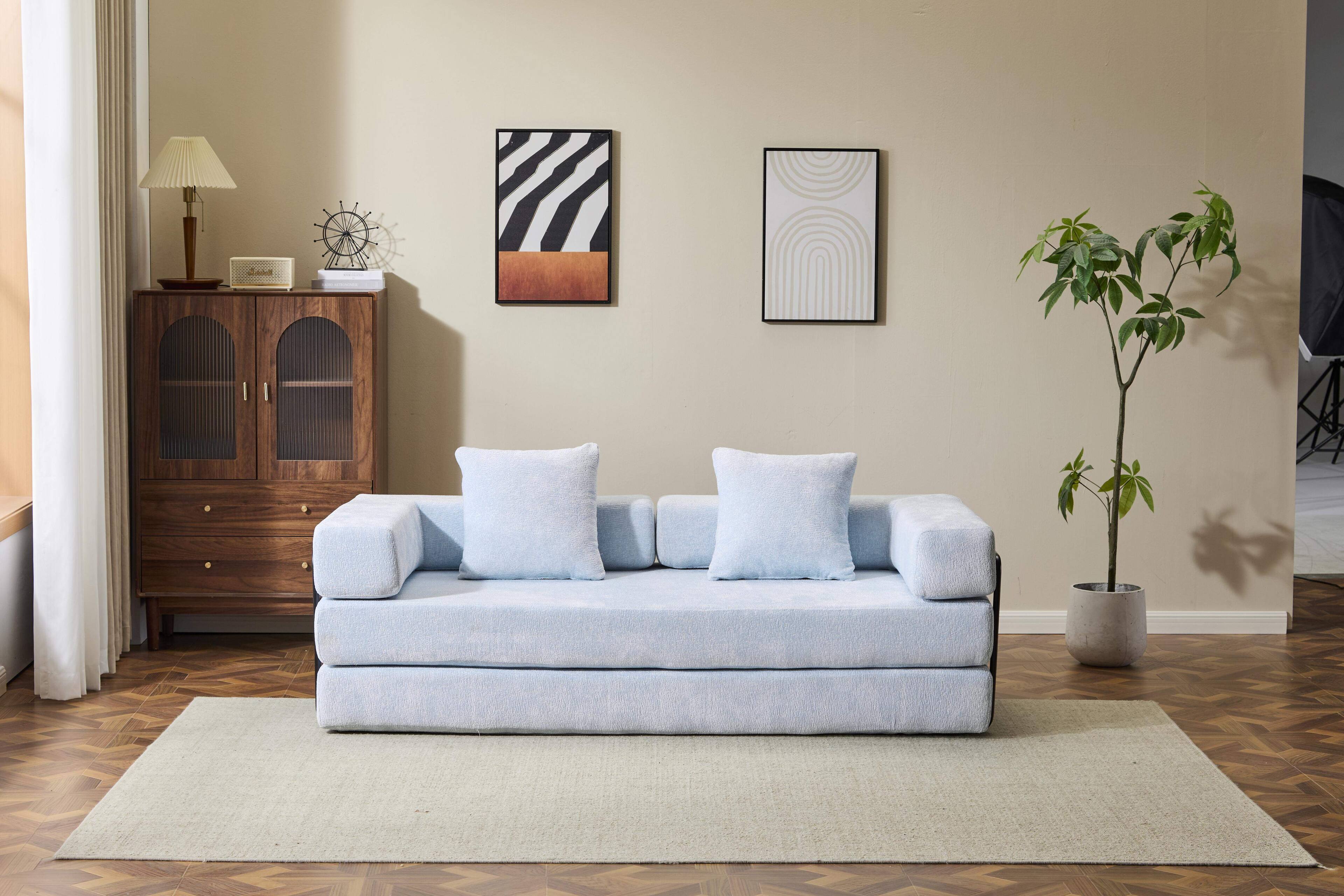 Back. Roomtec - Floor CouchCompression SofaConvertible Floor Sofa Bedwith Pillow Back Support ArmrestComfy Futon Couch Lounge Sleeper - LIGHT BLUE.