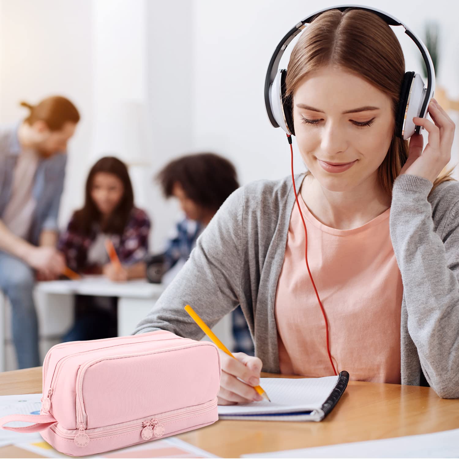 Alt View 7. Paradigms Interiors - Large Capacity Pencil Case s Pouch Bag With Zipper Portable Handle Pen Stationery Organizer For Office College School... - Purple.