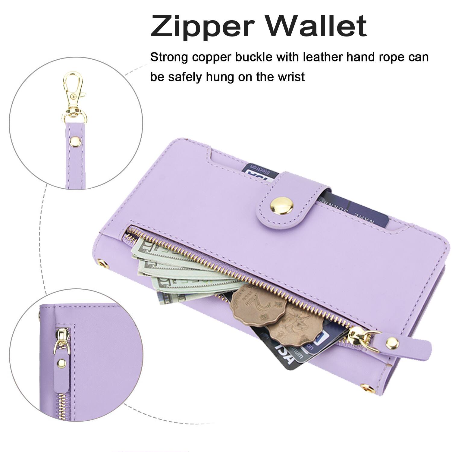 Zipper Wallet

Strong copper buckle with leather hand rope can be safely hung on the wrist