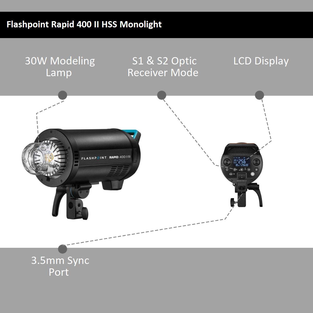 Flashpoint Rapid 400 II HSS Monolight  
30W Modeling Lamp  
S1 & S2 Optic Receiver Mode  
LCD Display  
3.5mm Sync Port