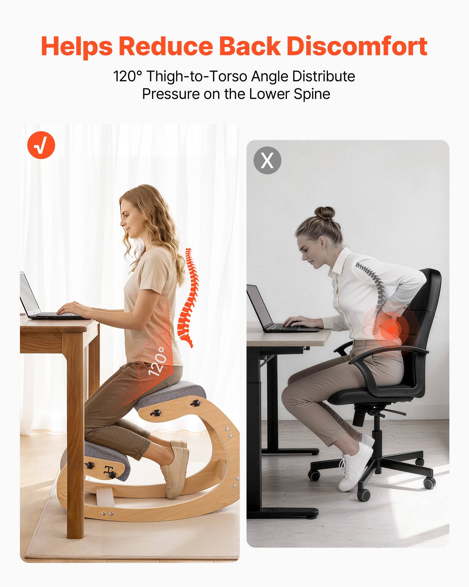 Helps Reduce Back Discomfort  
120° Thigh-to-Torso Angle Distribute Pressure on the Lower Spine