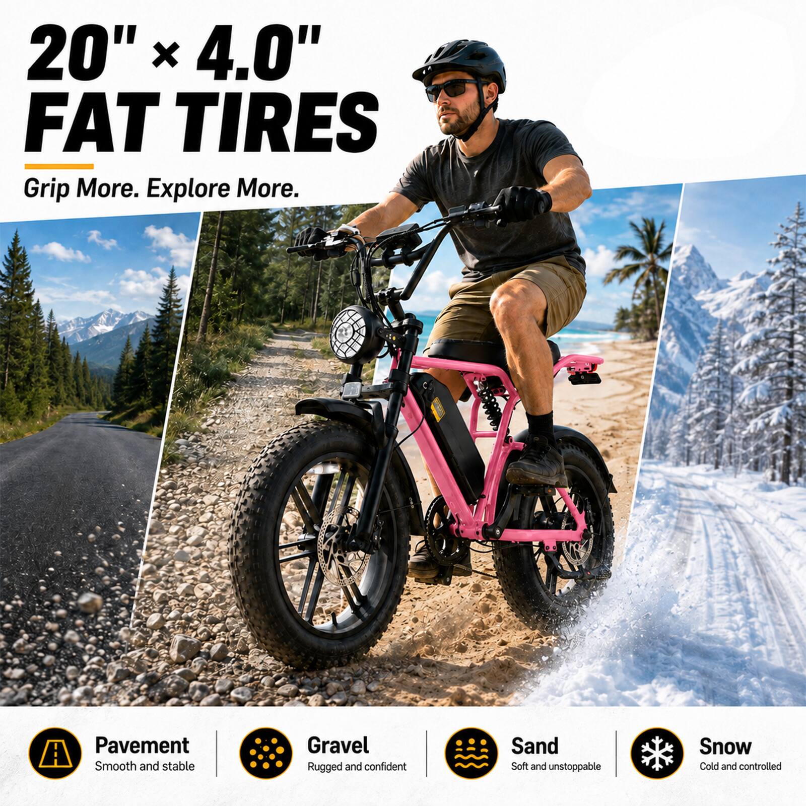 20" X 4.0" FAT TIRES Grip More. Explore More.

Pavement
Smooth and stable

Gravel
Rugged and confident

Sand
Soft and unstoppable

Snow
Cold and controlled