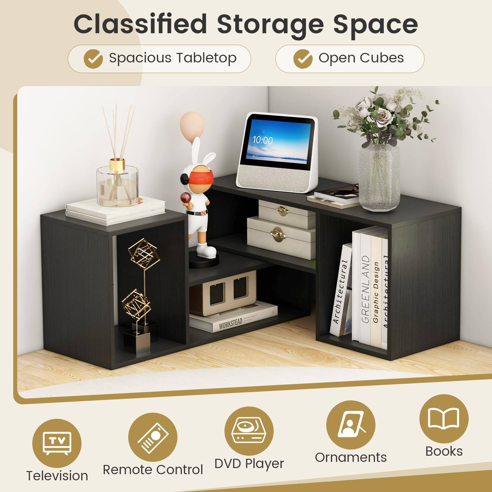 Classified Storage Space

- Spacious Tabletop
- Open Cubes

10:00

- Television
- Remote Control
- DVD Player
- Ornaments
- Books

WORKSTEAD Architectural AND Design GREENLAND Graphic Architectural