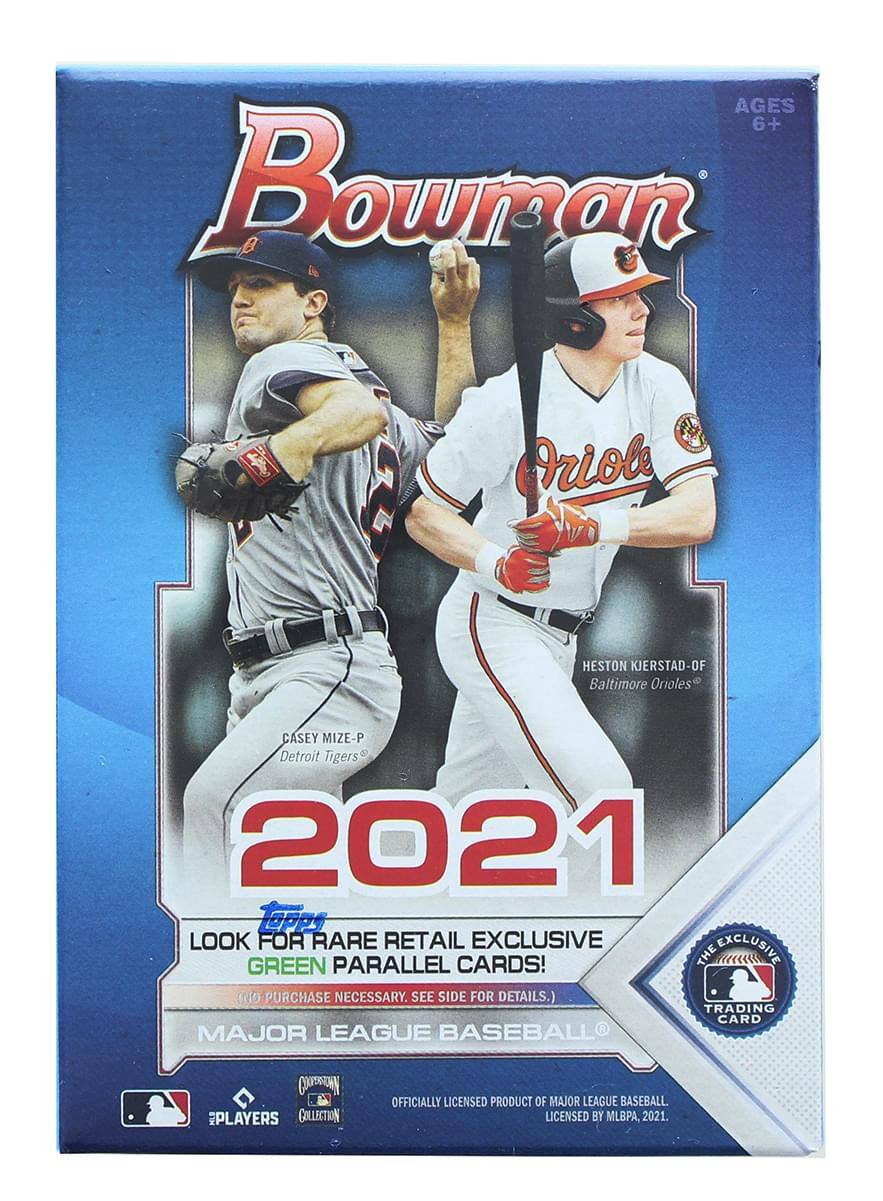 AGES 6+  
Bowman  
2021  
CASEY MIZE-P  
Detroit Tigers  
HESTON KIERSTAD-OF  
Baltimore Orioles  

LOOK FOR RARE RETAIL EXCLUSIVE GREEN PARALLEL CARDS!  
(00 PURCHASE NECESSARY. SEE SIDE FOR DETAILS.)  

MAJOR LEAGUE BASEBALL  
OFFICIALLY LICENSED PRODUCT OF MAJOR LEAGUE BASEBALL  
LICENSED BY MLBPA, 2021.  

THE EXCLUSIVE TRADING CARD  
MAJOR LEAGUE BASEBALL  
PLAYERS COLLECTION