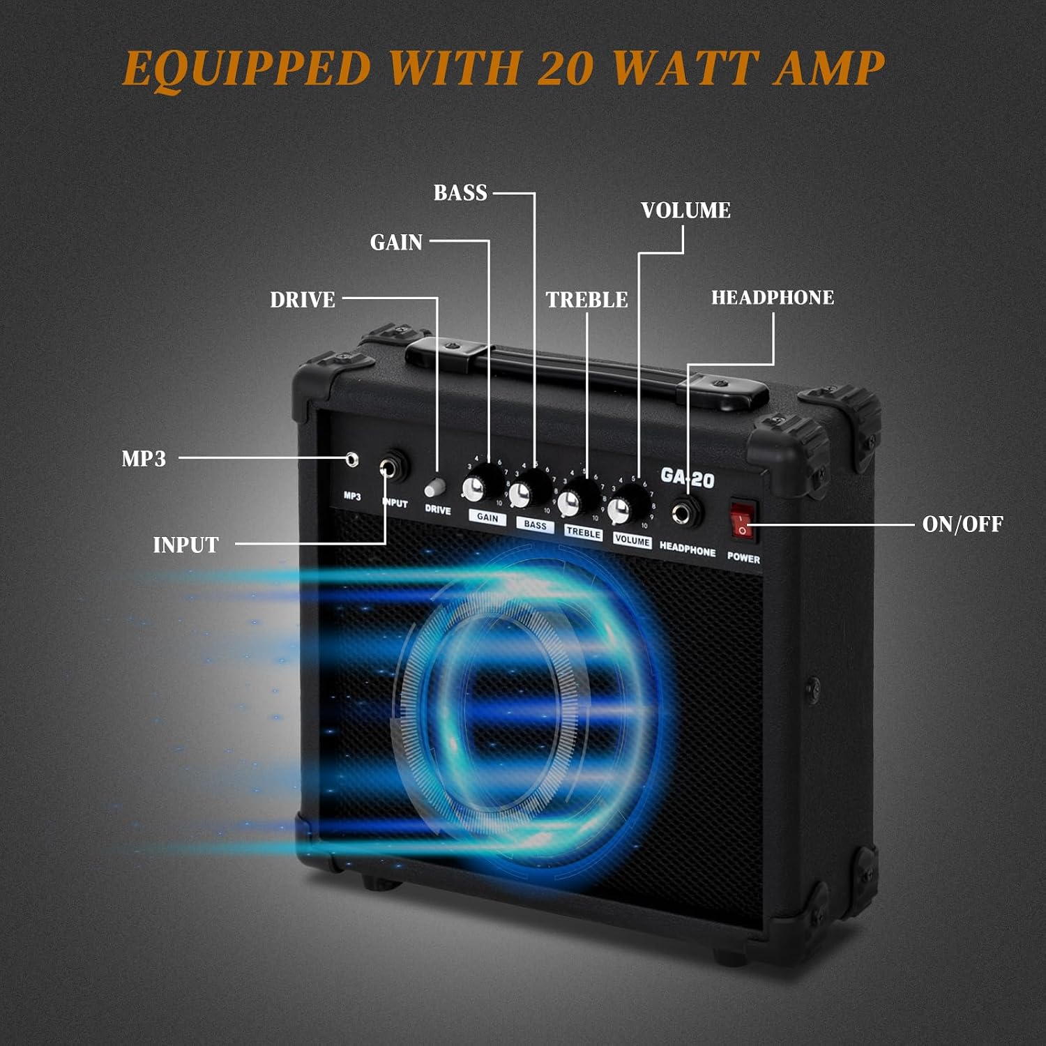 EQUIPPED WITH 20 WATT AMP

BASS GAIN
VOLUME
DRIVE
TREBLE
HEADPHONE
MP3 INPUT
MP3
INPUT DRIVE
GAIN
GA 20 0 BASS TREBLE VOLUME HEADPHONE POWER
ON/OFF