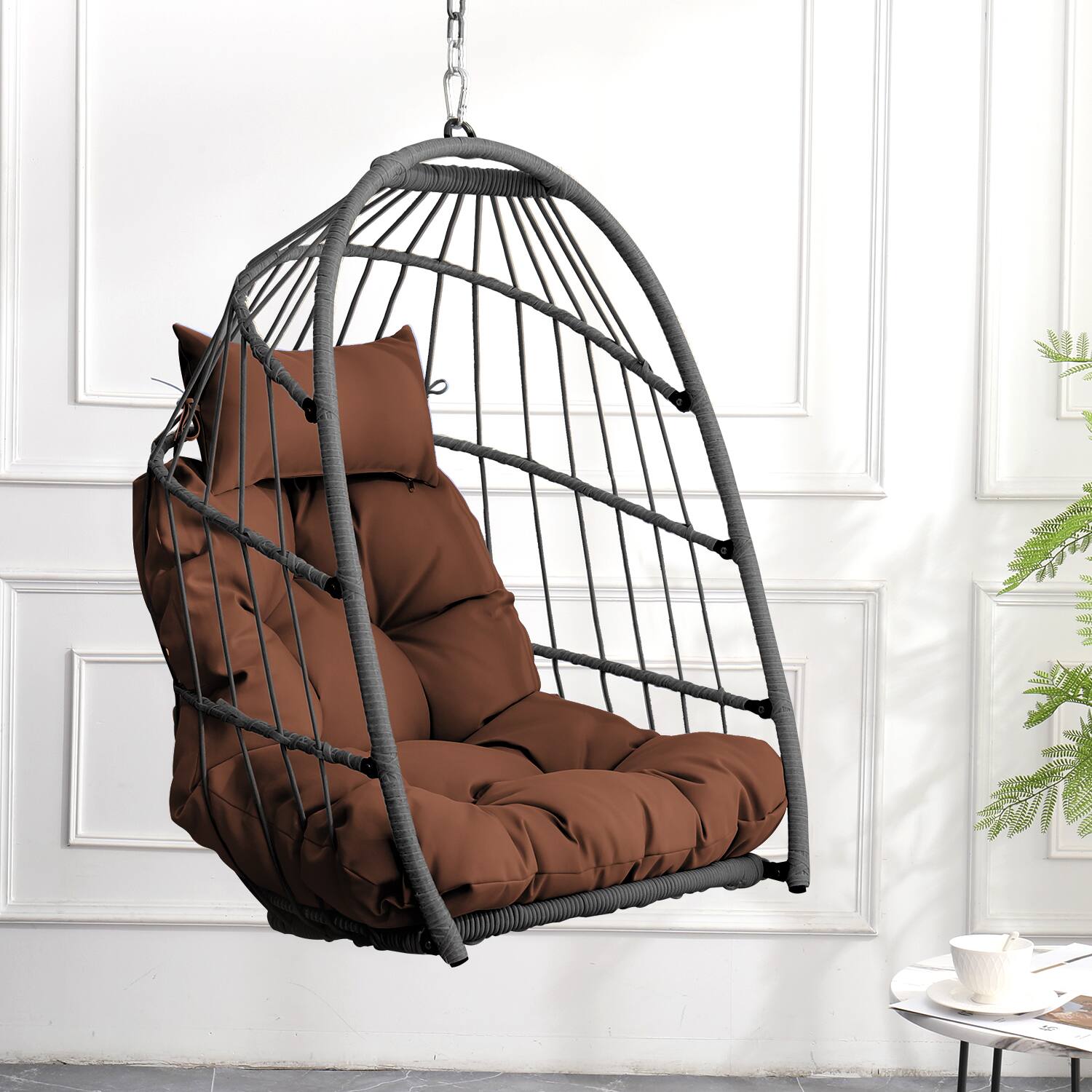 APRILSOUL - Outdoor garden rattan egg swing chair hanging chair PE hanging chair - Brown