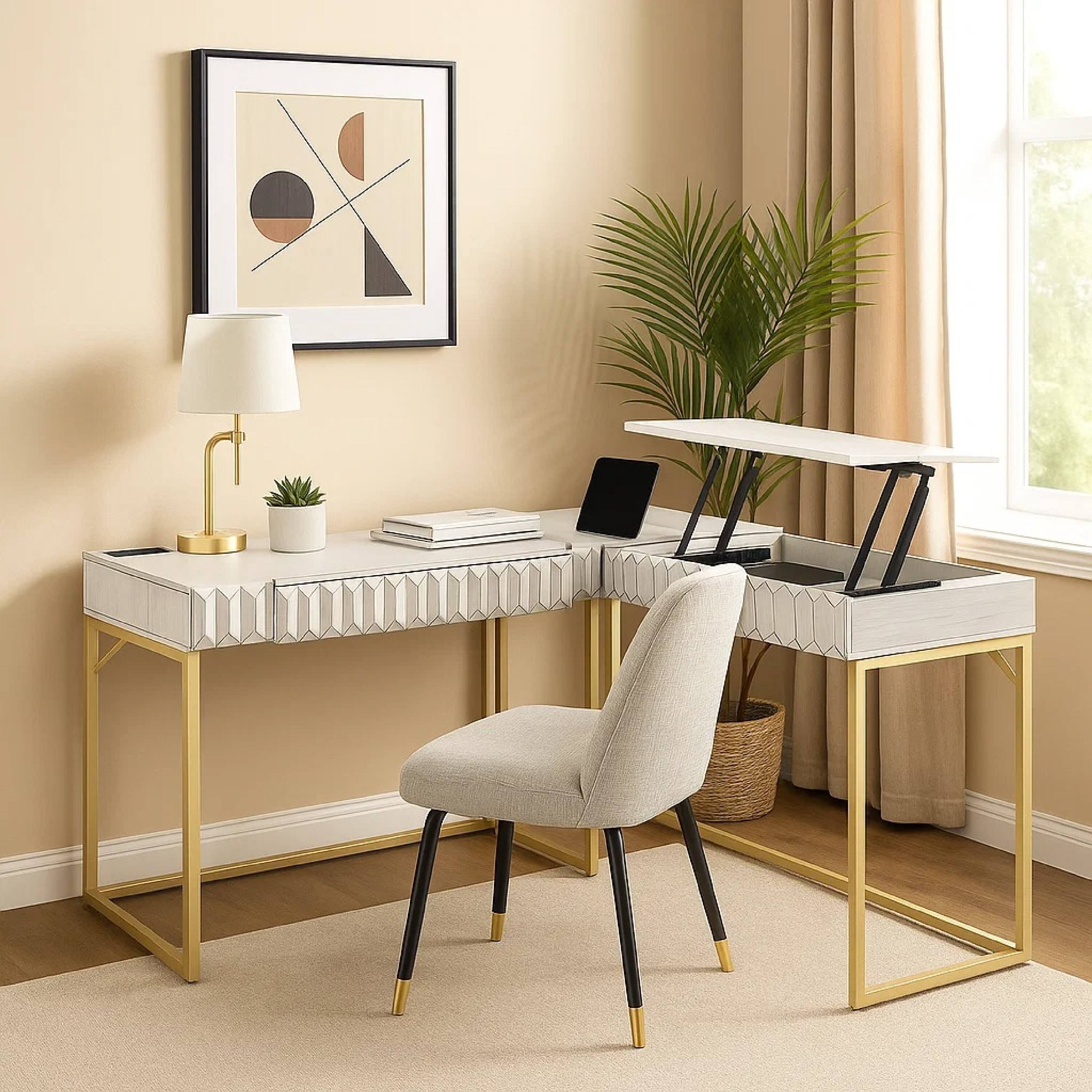 Alt View 2. Manhattan Lane - Fredie Corner Desk with Lift-Top USB Port, Gold Frame, Antique White - Antique White, Gold.