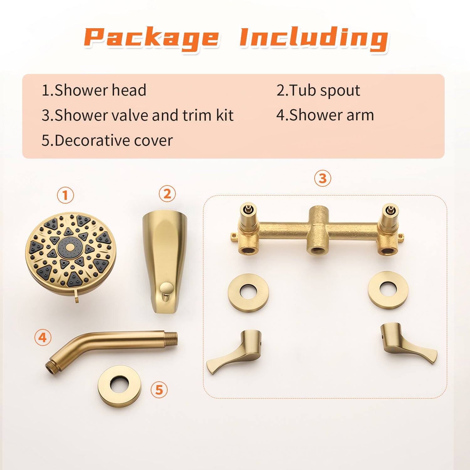 Package Including

1. Shower head  
2. Tub spout  
3. Shower valve and trim kit  
4. Shower arm  
5. Decorative cover