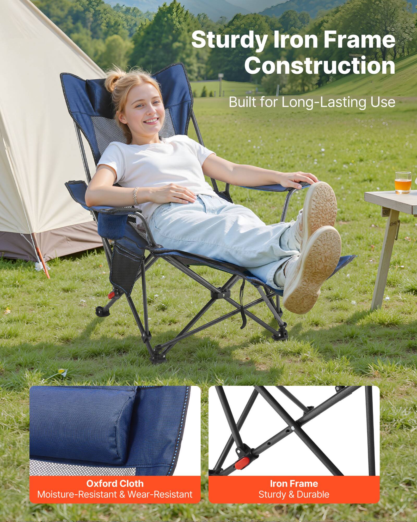 Sturdy Iron Frame Construction  
Built for Long-Lasting Use  

Oxford Cloth  
Moisture-Resistant & Wear-Resistant  

Iron Frame  
Sturdy & Durable