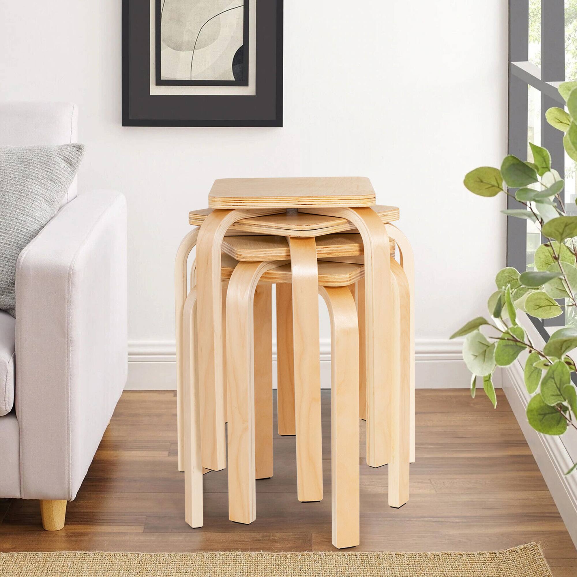 Alt View 4. Gymax - Gymax 4 Set Square Backless Stools w/ Rounded Corners & Anti-slip Felt Mats Wooden - Natural.