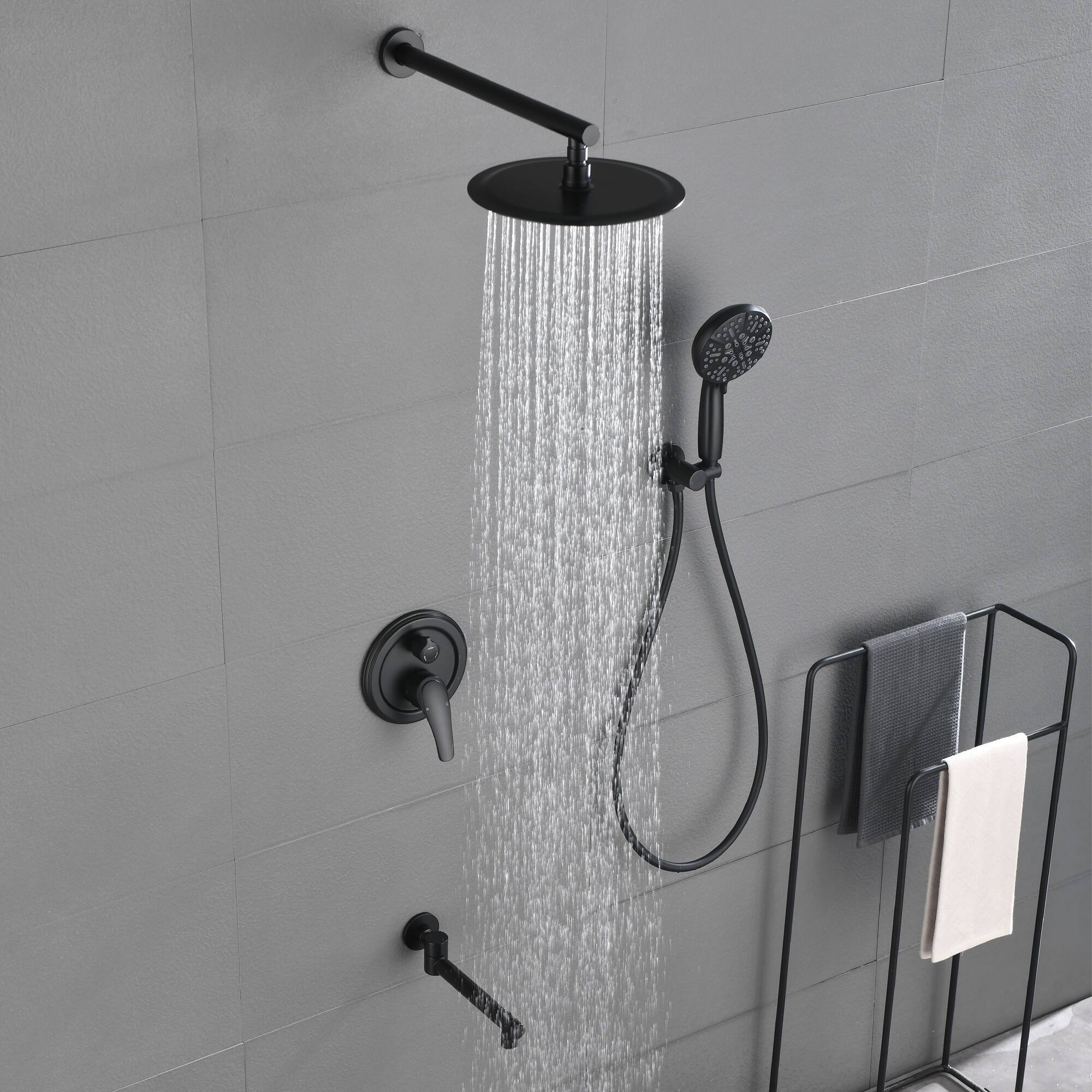 Alt View 2. Boyel Living - Matte Black 10-Inch Rain Shower System Brass SUS304 3-Function Valve 7-Function Handheld 180° Spout cUPC - Black.