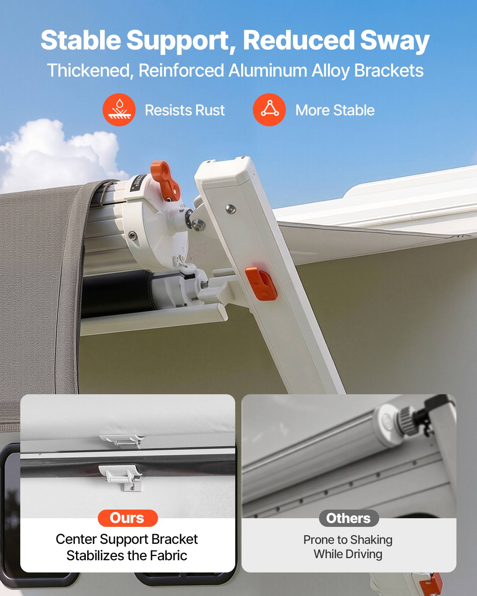 Stable Support, Reduced Sway  
Thickened, Reinforced Aluminum Alloy Brackets  
Resists Rust  
More Stable  

Ours  
Center Support Bracket Stabilizes the Fabric  

Others  
Prone to Shaking While Driving