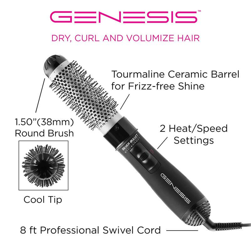 GENESIS  
DRY, CURL AND VOLUMIZE HAIR  

- Tourmaline Ceramic Barrel for Frizz-free Shine  
- 1.50" (38mm) Round Brush  
- Cool Tip  
- 2 Heat/Speed Settings  
- 8 ft Professional Swivel Cord
