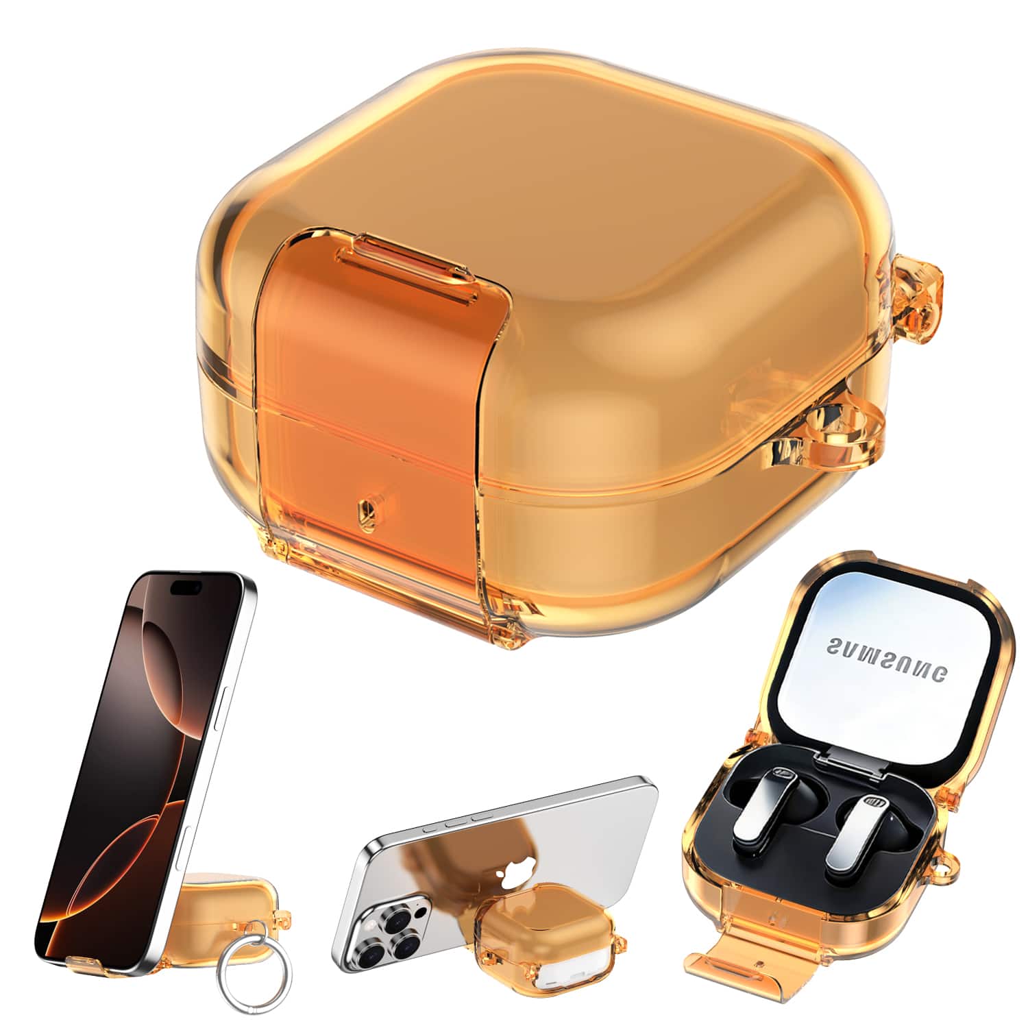 Dteck - Earphone Case for Galaxy Buds 4/4 Pro (2026) with Secure Lock,Clear Earbud Cover with Integrated Phone Stand & Carabiner - Orange