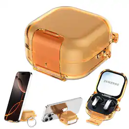 Dteck - Earphone Case for Galaxy Buds 4/4 Pro (2026) with Secure Lock,Clear Earbud Cover with Integrated Phone Stand & Carabiner - Orange