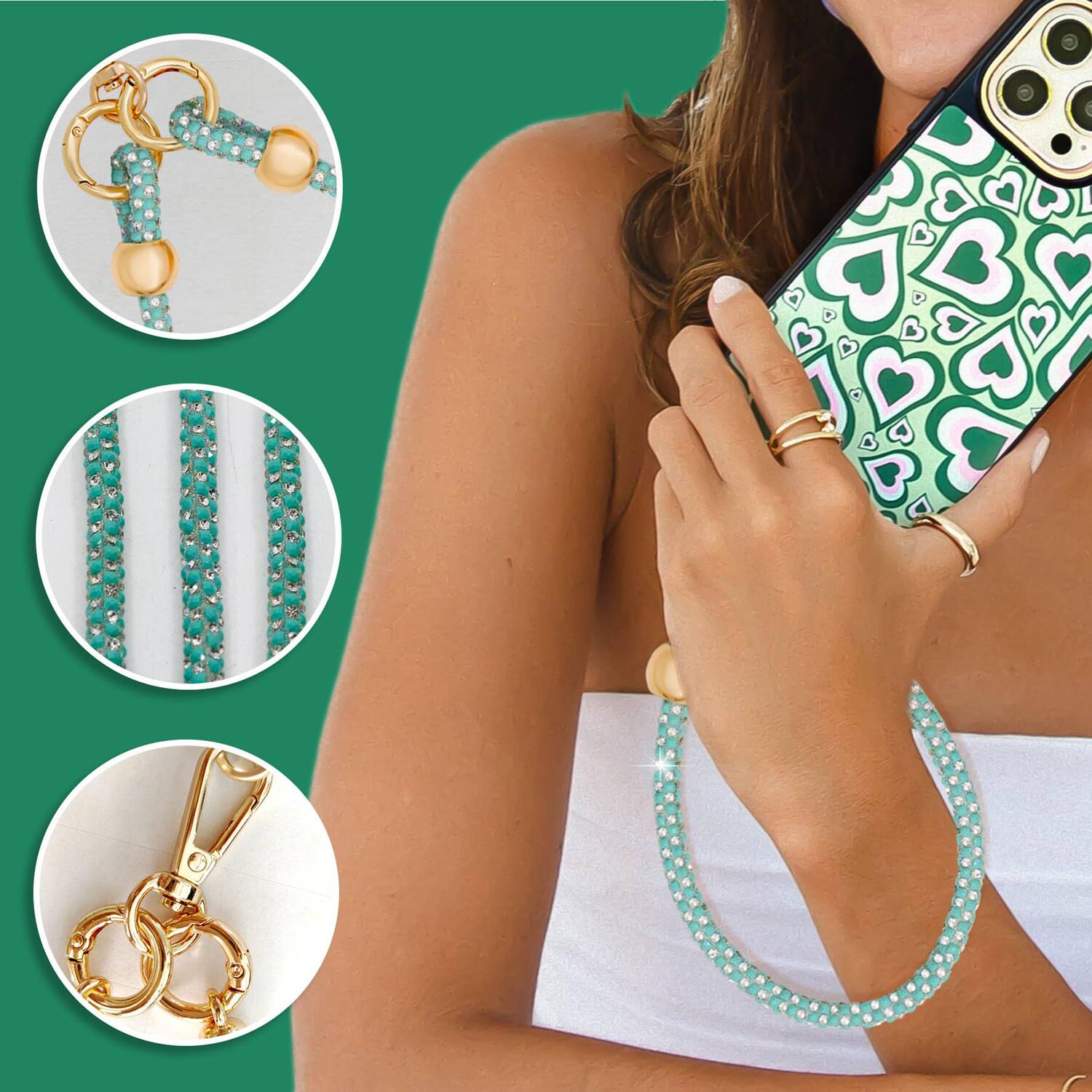 Alt View 4. Dteck - 3-in-1 Glitter Crossbody Phone Lanyard,Sparkly Crystal Phone Strap Fashion Wrisrstrap for Universal Smartphone Cases - Green.
