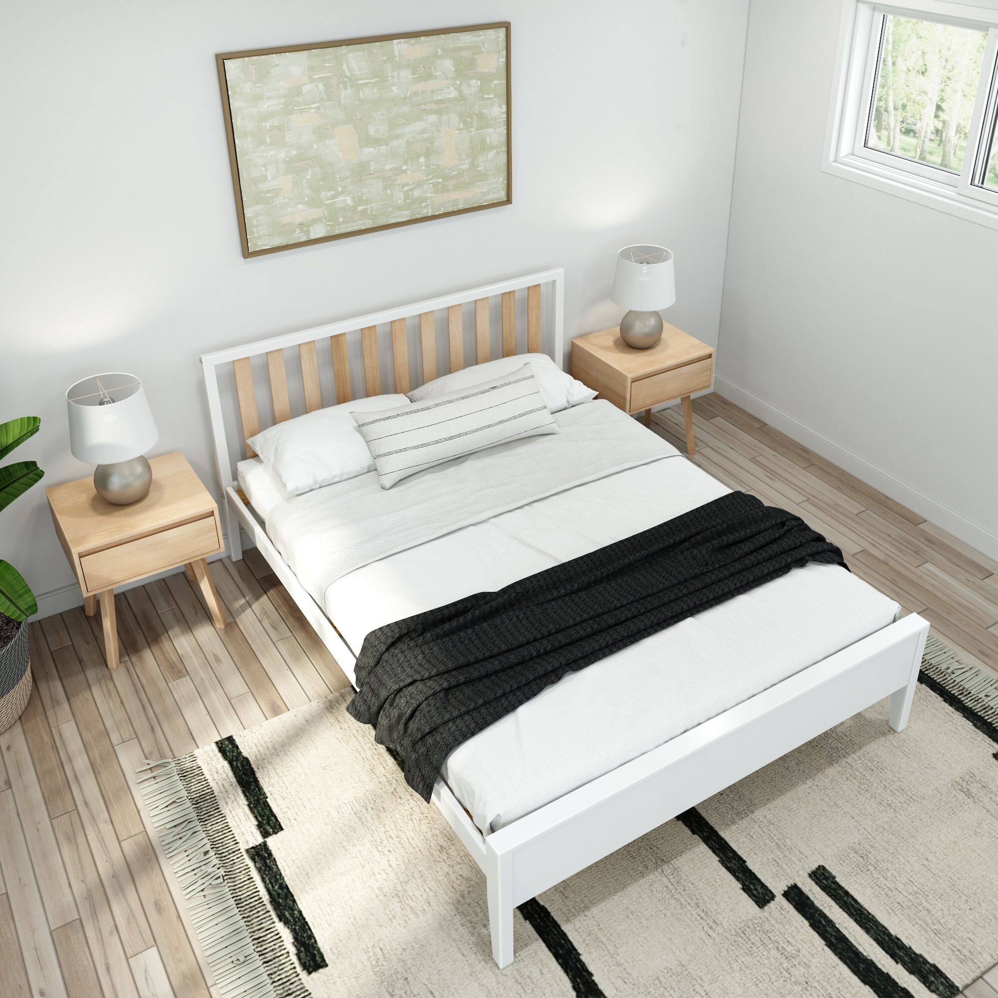 Alt View 5. Plank+Beam - Scandinavian Queen-Size Bed with Slatted Headboard, White/Blonde - White/Blonde.