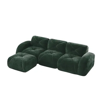 Front. Boyel Living - L Shaped Velvet Tufted Sofa Movable Ottoman 32D High Density Sponge Ergonomic Anti Slip No Assembly Living Room Green - Green.