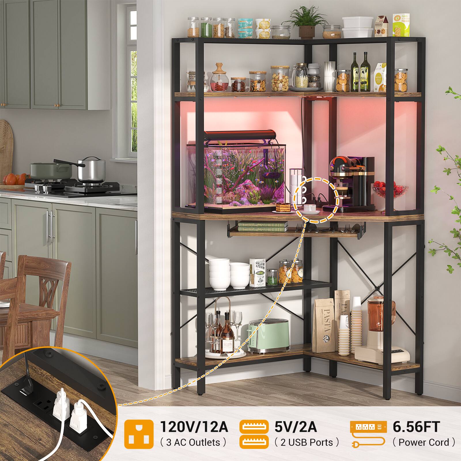 - 120V/12A (3 AC Outlets)
- 5V/2A (2 USB Ports)
- 6.56FT (Power Cord)